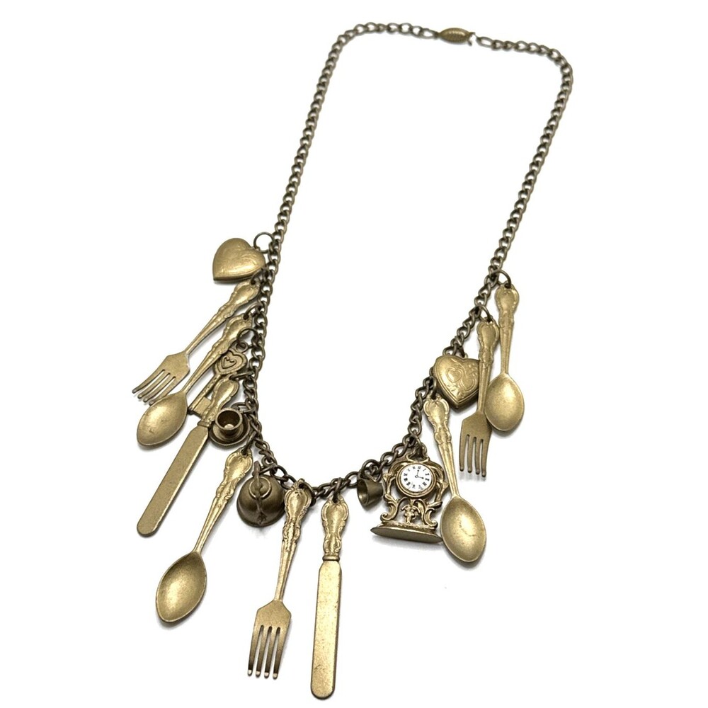 Vintage Bronze Tone Charm Necklace Forks Knives Spoons Heart Lockets Cup Key 22"